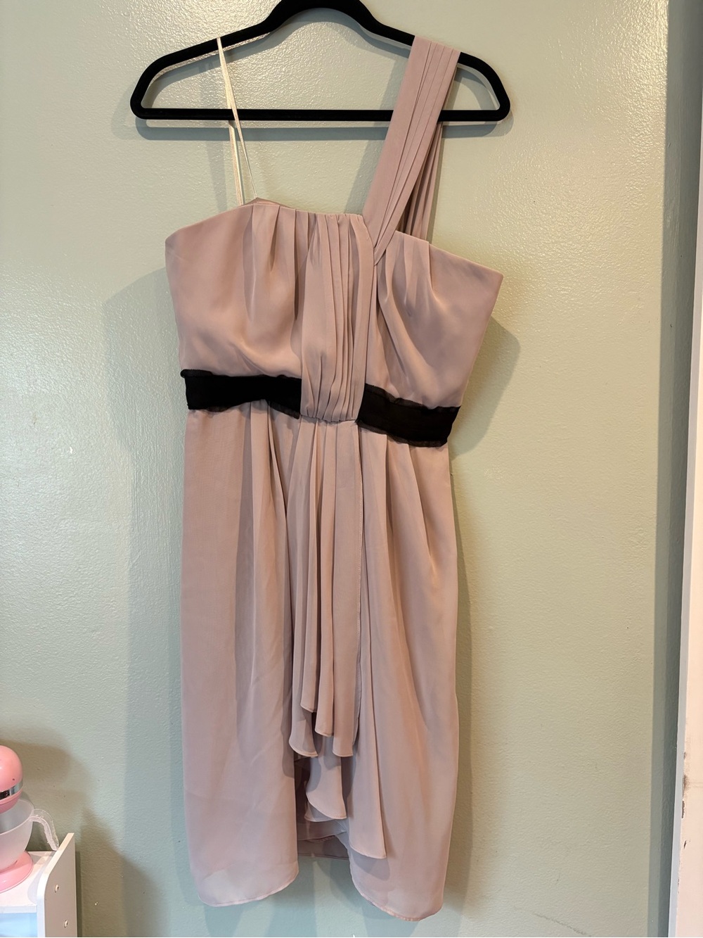 Max & Cleo One-Shoulder Beige/grey Dress with Black Waistband